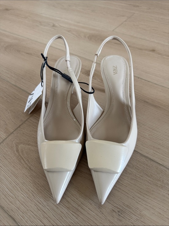 Zara Shoes - Zara Cream Patent Slingback Pointed Pumps with Decorative Front